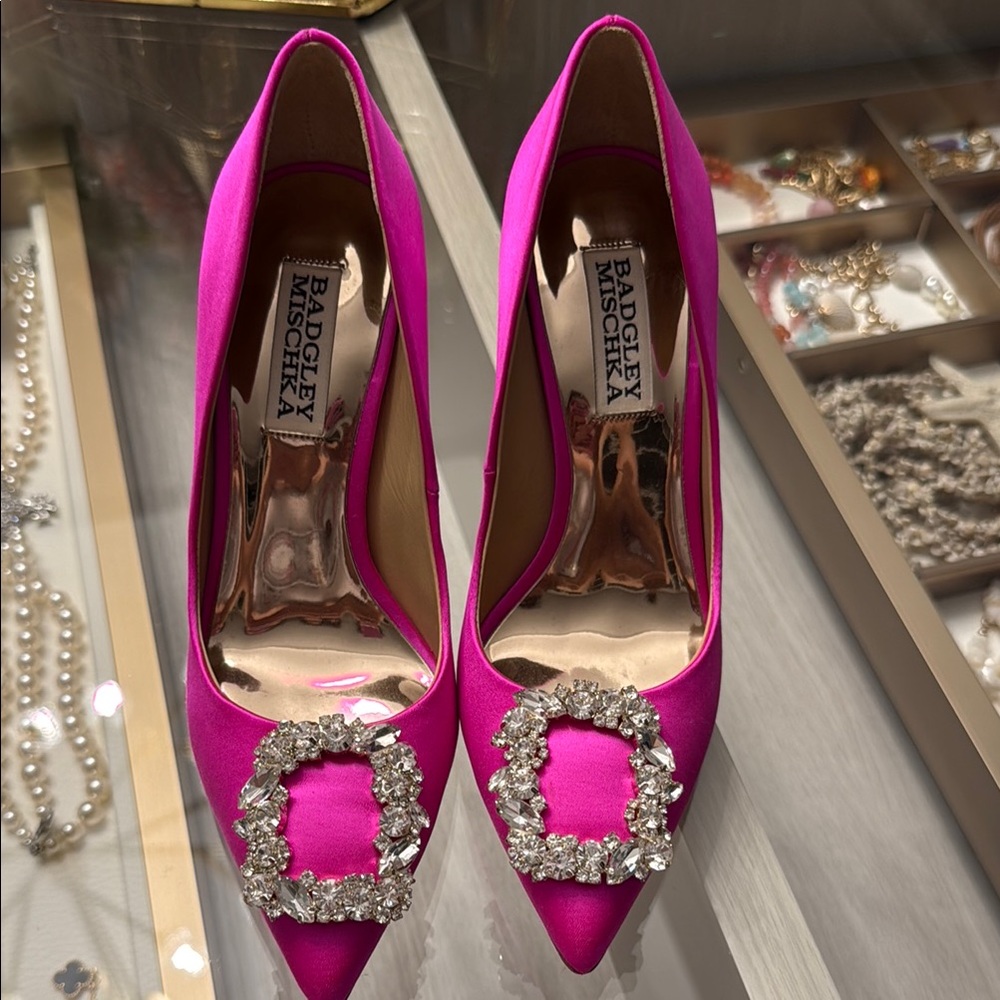 Badgley Mischka Pink Satin Heels with Crystal Embellishment